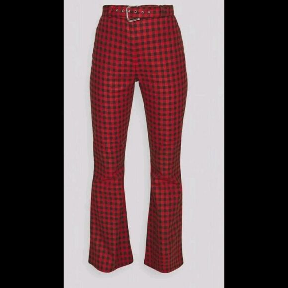 URBAN OUTFITTERS Milk It Size 16 Red Black Gingham Flares Trousers W/Buckle Belt - Picture 1 of 12